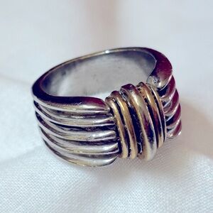 Silver wide band ring with gold wire wrapping
